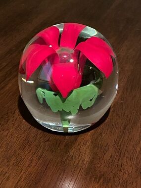 Rare Handblown “Mega”  Red Floral Paperweight, Signed